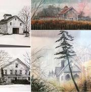 Collage of landscapes and barn scenes in pencil and wash