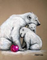 Charcoal and white pastel sketch of polar bear and cubs snuggling