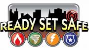 Logo with city skyline and icons of fire, tornado, lightning and police.