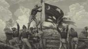 Black and white drawing of a man raising a flag on a bunker above soldiers.