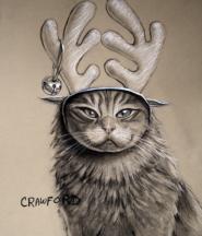 Charcoal sketch of a cat grimly tolerating a headband with antlers