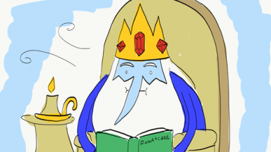 Drawing of the Ice King from Adventure Time reading a book titled Fiona + Cake.