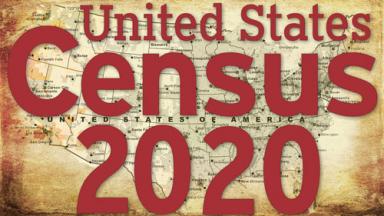 U.S. Census 2020 logo over antique-looking map of the United States