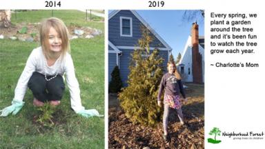 Photos of a girl with a tree in 2014 and 2019 and a quote from her mom.