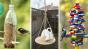 Photos of a soda bottle, teacup and saucer, and legos used as bird feeders.