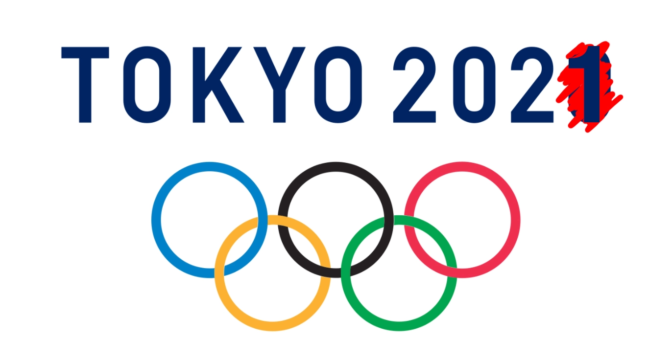Tokyo 2020 above Olympic rings, with the 0 crossed out and a 1 placed over it.