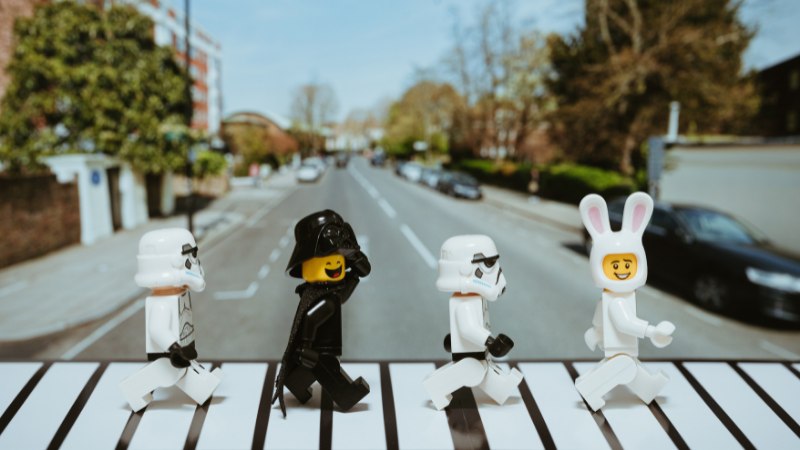 Photo of storm trooper legos set up to look like the Beatles on Abbey Road cover
