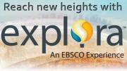 Graphic of the explora logo, a hot air balloon, floating over a large city.